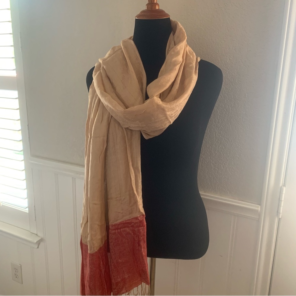 Gorgeous  elegant sheer tan and reds scarf lightw fabric
